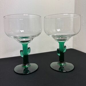 Set of 2 Vintage 1990’s Cactus Stem Margarita Glasses Green Glass Stemware 12 oz
